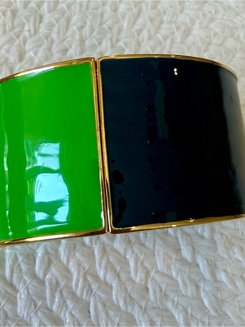 Kate Spade Green and Navy Enamel Hinged Cuff Bracelet with Gold Trim